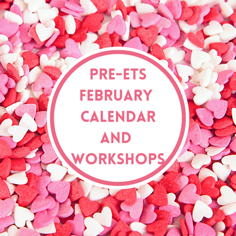 Pre-ETS February Calendar and Workshop cover photo with pink and white candy hearts in the background