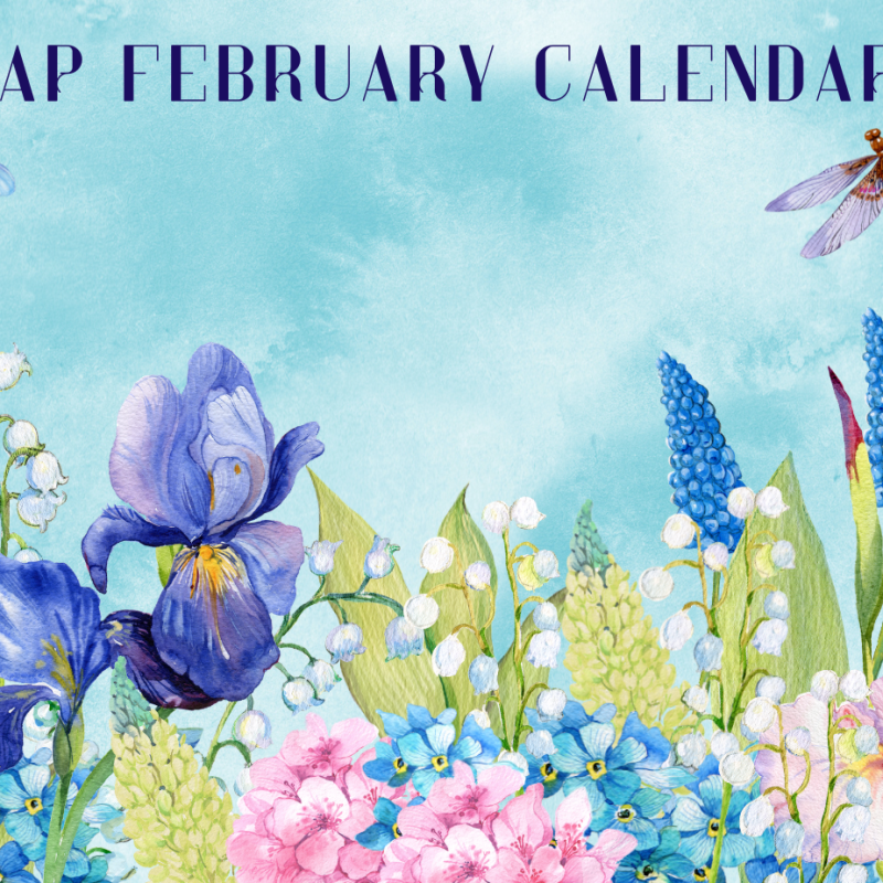 TAP February 2024 Calendar cover photo. It has violets and irises with butterflies in the sky