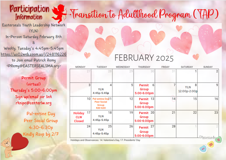 TAP February 2025 Calendar with Workshop information. There are pink hearts in the background